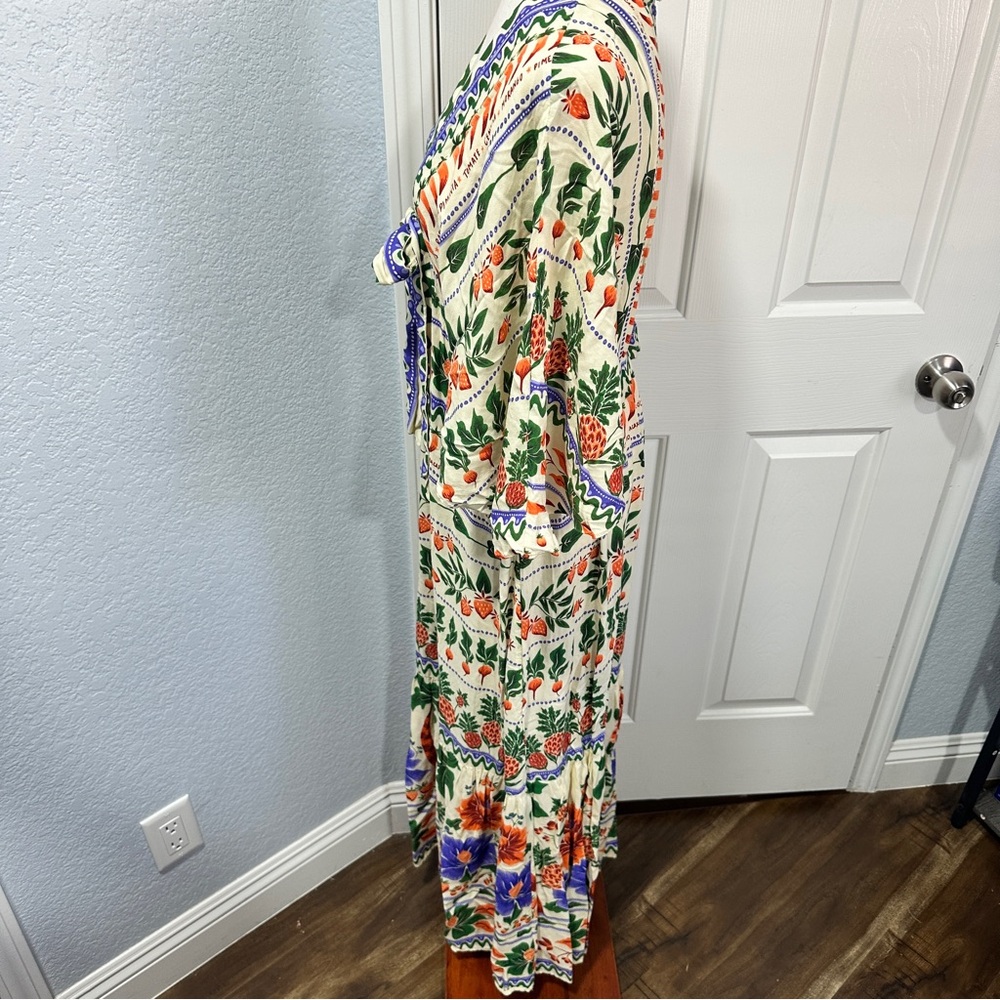 Farm Rio Size L V-Neck Kaftan Maxi Dress Colorful Coastal Cut Outs Resortwear - Picture 6 of 16